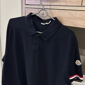 Moncler Navy Polo with Tricolor Sleeve Detail